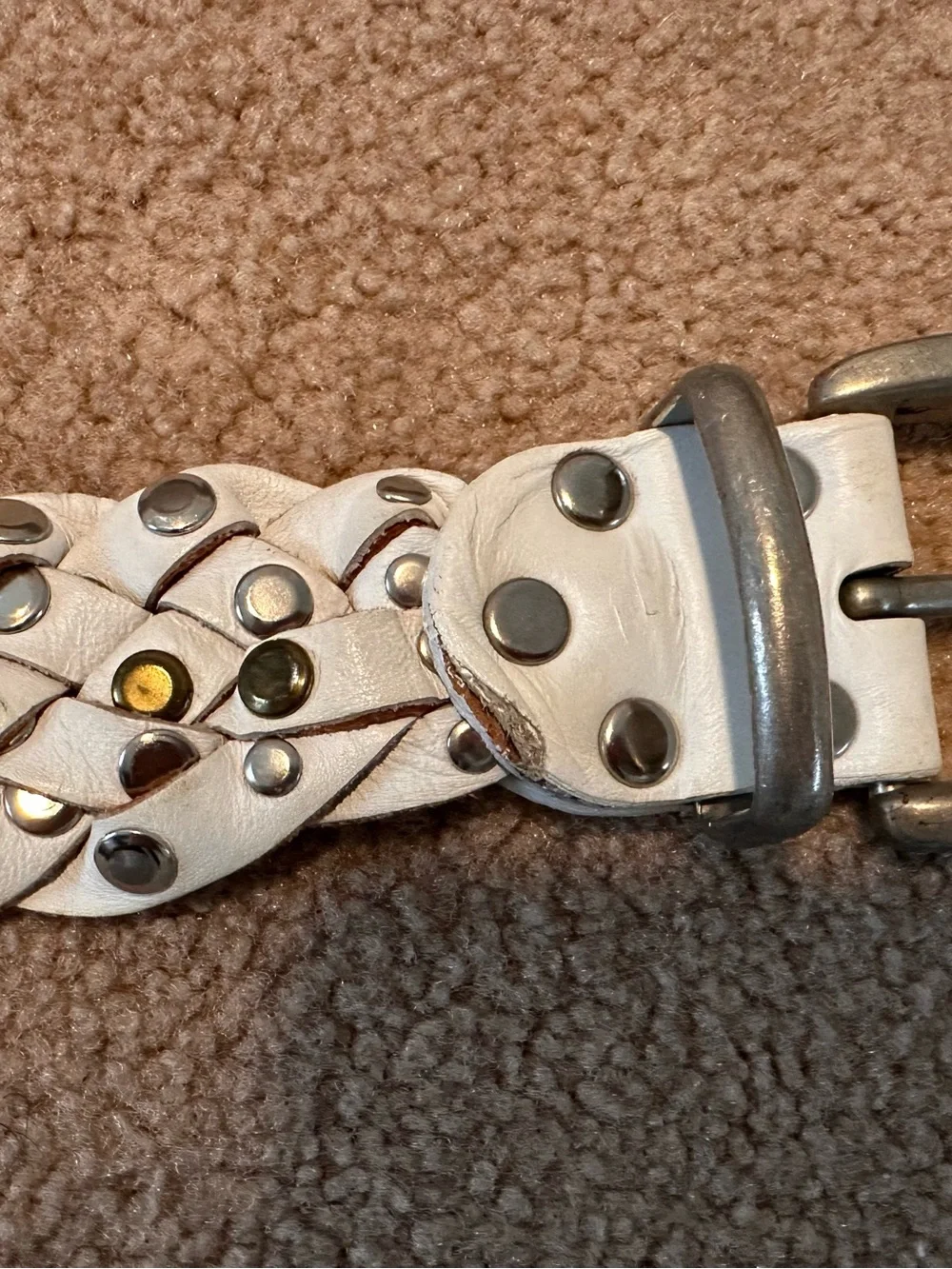 Vintage Sand Castle USA Studded Woven White Leather Belt with Metal Grommets
